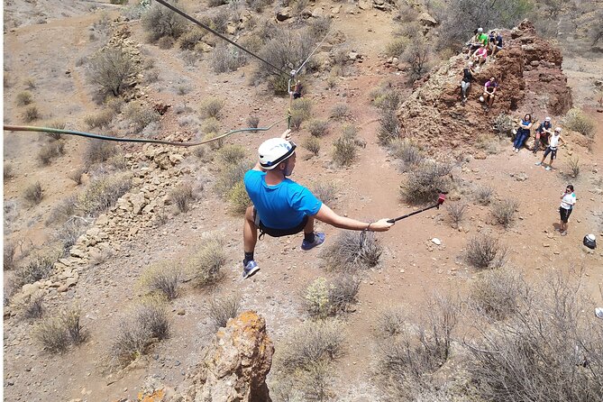 Climbing + Zipline + Via Ferrata + Cave. Adventure route in Gran Canaria - A 50-meter zipline to finish the route
